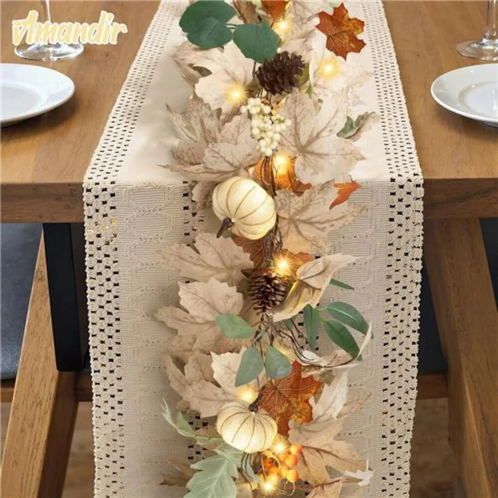 Fall Leaves Garland with Lights for Mantle Decor, 6 Ft Neutral Fall Ear Maple